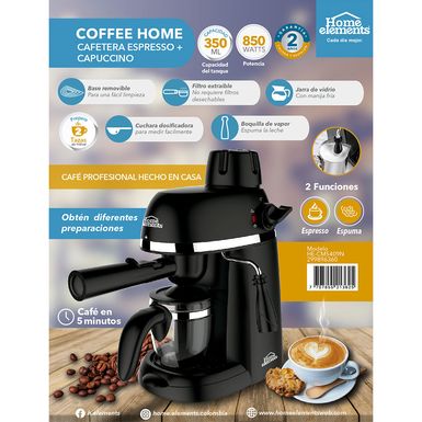 Cafetera Home Elements HE-CM5409 P43365 | 2 Tazas Espresso y Capuchino  Color Negro - creditoseconomicos